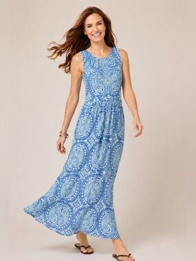 Talbots Petite Blue Paisley Maxi Sundress Sleeveless Fit Flare Resort Coastal 6P